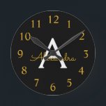 Black Gold Modern Script Girly Monogram Name<br><div class="desc">Black and Gold Simple Script Monogram Name Clock. This makes the perfect sweet 16 birthday,  wedding,  bridal shower,  anniversary,  baby shower or bachelorette party gift for someone that loves glam luxury and chic styles.</div>