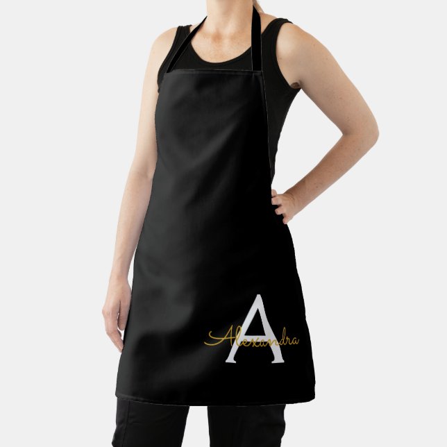Black Gold Modern Script Girly Monogram Name Apron (Insitu)