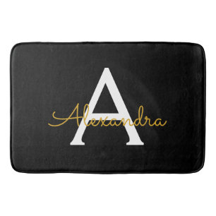 Black Gold Modern Script Girly Monogram Name Bath Mat