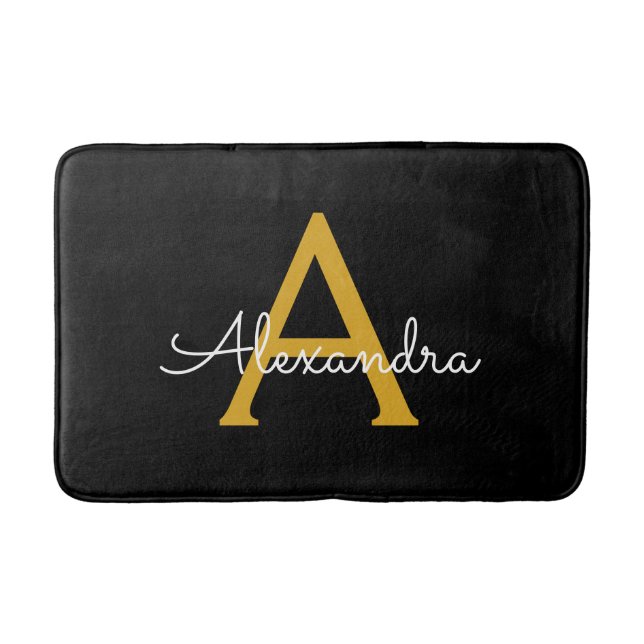 Black Gold Modern Script Girly Monogram Name Bath Mat (Front)