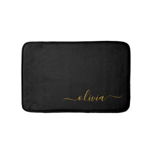 Black Gold Modern Script Girly Monogram Name Bath Mat