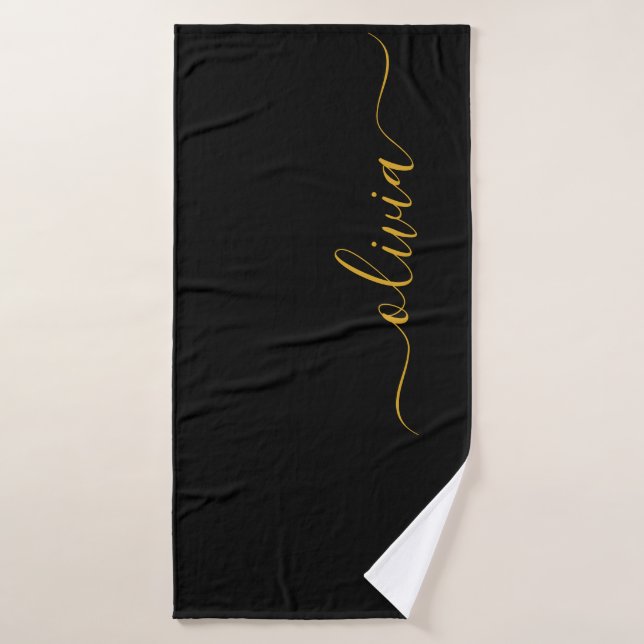 Black Gold Modern Script Girly Monogram Name Bath Towel (Bath Towel)