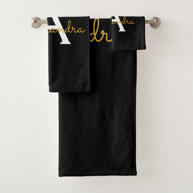 Black Gold Modern Script Girly Monogram Name Bath Towel Set (Insitu)