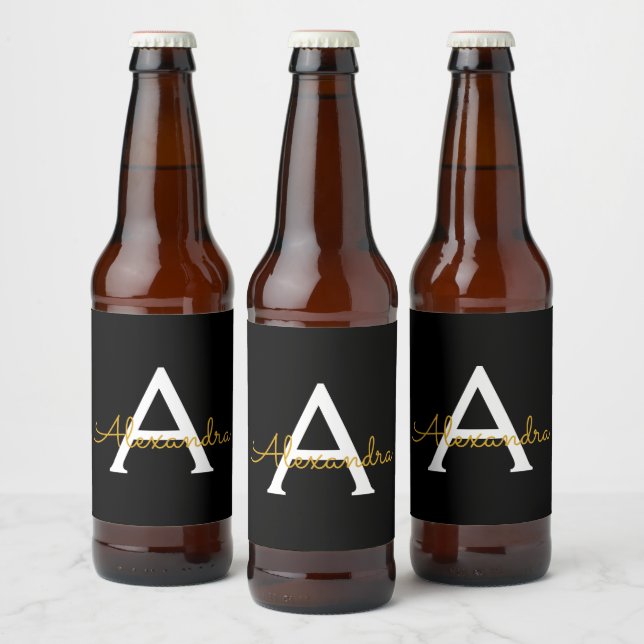 Black Gold Modern Script Girly Monogram Name Beer Bottle Label (Bottles)