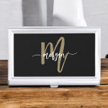 Black Gold Modern Script Girly Monogram Name Business Card Holder<br><div class="desc">Elevate your professional style with the Black and Gold Modern Script Girly Monogram Name Business Card Case. Featuring a sleek black exterior and a bold gold monogram in a modern script font, this case adds a touch of luxury to your business essentials. Crafted from durable, high-quality material, it keeps your...</div>