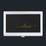 Black Gold Modern Script Girly Monogram Name Business Card Holder<br><div class="desc">Black and Gold Simple Script Monogram Name Business Card Holder. This makes the perfect sweet 16 birthday,  wedding,  bridal shower,  anniversary,  baby shower or bachelorette party gift for someone that loves glam luxury and chic styles.</div>