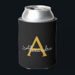 Black Gold Modern Script Girly Monogram Name Can Cooler<br><div class="desc">Black and Gold Simple Script Elegant Birthday or Bachelorette Party Can Coolers. These Wedding,  Bridal Shower or Birthday Party Can Coolers can be customised to include your first name. Please contact the designer for customised matching items.</div>