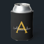 Black Gold Modern Script Girly Monogram Name Can Cooler<br><div class="desc">Black and Gold Simple Script Elegant Birthday or Bachelorette Party Can Coolers. These Wedding,  Bridal Shower or Birthday Party Can Coolers can be customised to include your first name. Please contact the designer for customised matching items.</div>
