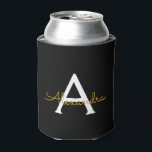 Black Gold Modern Script Girly Monogram Name Can Cooler<br><div class="desc">Black and Gold Simple Script Elegant Birthday or Bachelorette Party Can Coolers. These Wedding,  Bridal Shower or Birthday Party Can Coolers can be customised to include your first name. Please contact the designer for customised matching items.</div>