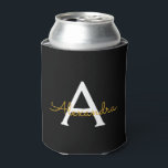 Black Gold Modern Script Girly Monogram Name Can Cooler<br><div class="desc">Black and Gold Simple Script Elegant Birthday or Bachelorette Party Can Coolers. These Wedding,  Bridal Shower or Birthday Party Can Coolers can be customised to include your first name. Please contact the designer for customised matching items.</div>