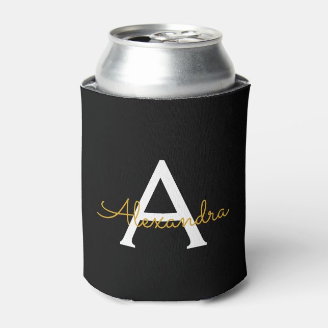 Black Gold Modern Script Girly Monogram Name Can Cooler (Can Front)