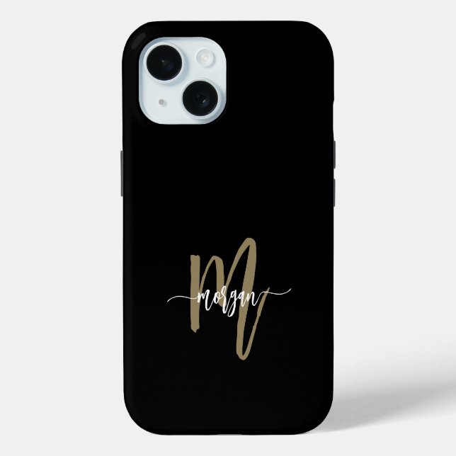 Black Gold Modern Script Girly Monogram Name Case-Mate iPhone Case (Back)