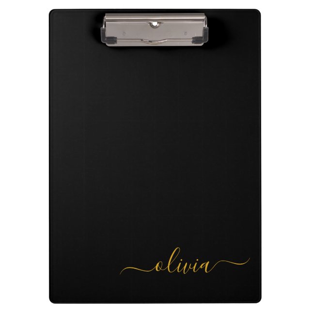 Black Gold Modern Script Girly Monogram Name Clipboard (Front)
