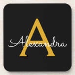 Black Gold Modern Script Girly Monogram Name Coaster<br><div class="desc">Black and Gold Simple Script Monogram Name Paper Coasters. This makes the perfect graduation,  birthday,  wedding,  bridal shower,  anniversary,  baby shower or bachelorette party gift for someone that loves glam luxury and chic styles.</div>