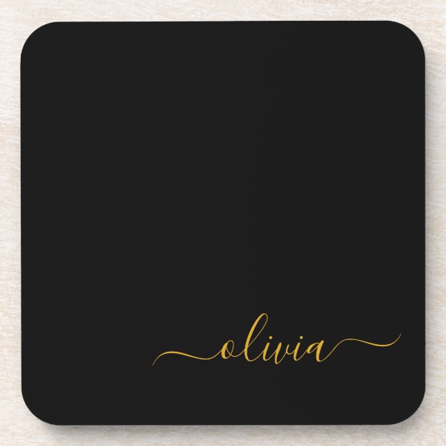 Black Gold Modern Script Girly Monogram Name Coaster (Front)