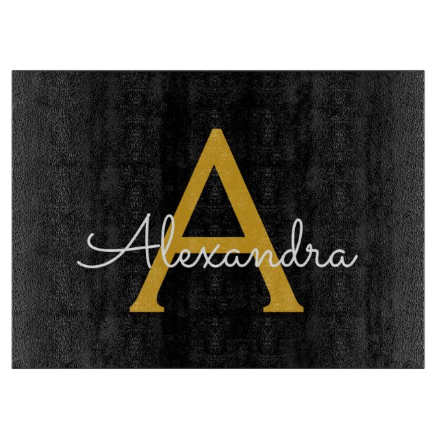 Black Gold Modern Script Girly Monogram Name Cutting Board (Front)