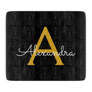 Black Gold Modern Script Girly Monogram Name Cutting Board