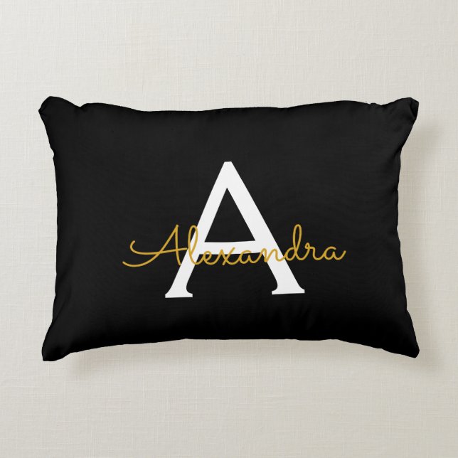 Black Gold Modern Script Girly Monogram Name Decorative Cushion (Front)
