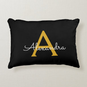 Black Gold Modern Script Girly Monogram Name Decorative Cushion
