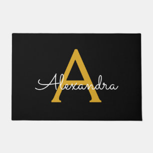Black Gold Modern Script Girly Monogram Name Doormat