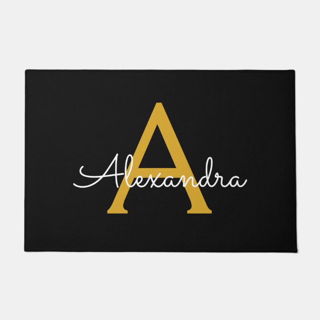 Black Gold Modern Script Girly Monogram Name Doormat (Front)