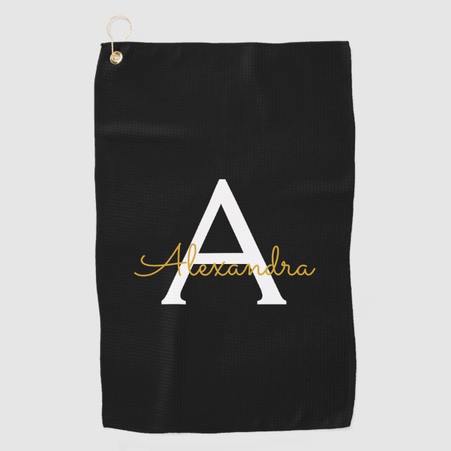 Black Gold Modern Script Girly Monogram Name Golf Towel (Front)