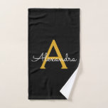 Black Gold Modern Script Girly Monogram Name Hand Towel<br><div class="desc">Black and Gold Simple Script Monogram Name Spiral Notebook Planner. This makes the perfect sweet 16 birthday,  wedding,  bridal shower,  anniversary,  baby shower or bachelorette party gift for someone that loves glam luxury and chic styles.</div>