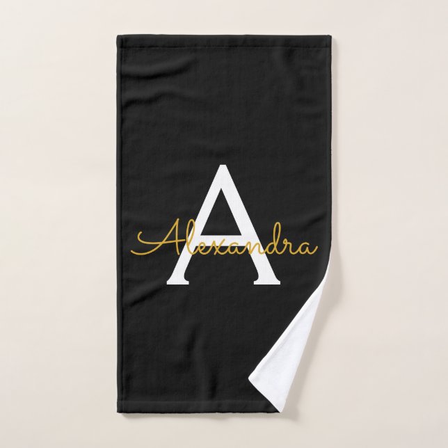 Black Gold Modern Script Girly Monogram Name Hand Towel (Hand Towel)