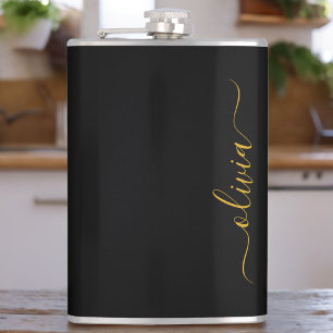 Black Gold Modern Script Girly Monogram Name Hip Flask
