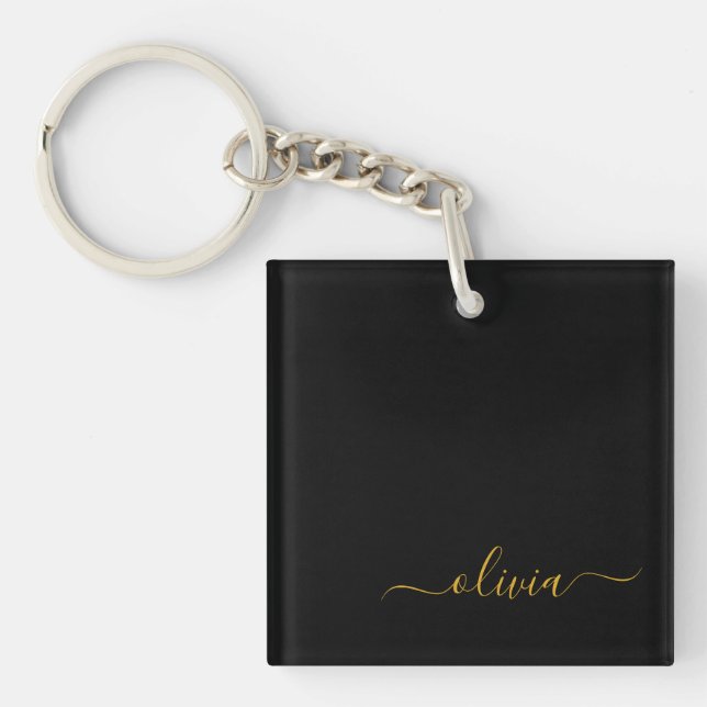 Black Gold Modern Script Girly Monogram Name Key Ring (Front)