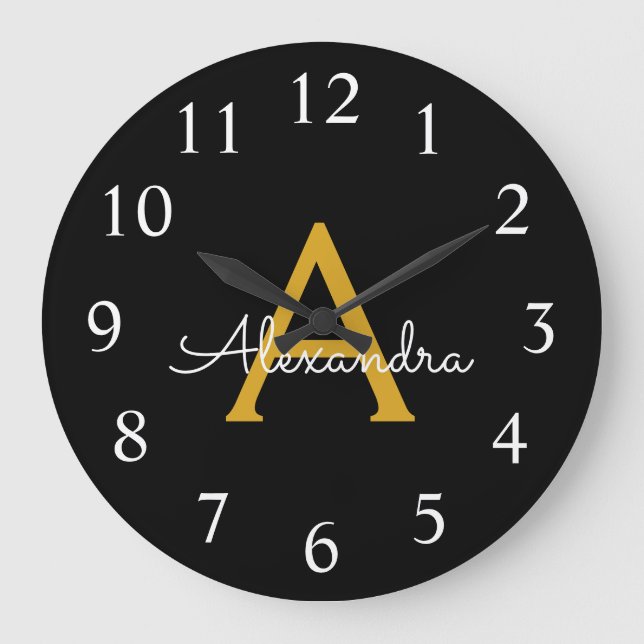 Black Gold Modern Script Girly Monogram Name Large Clock (Front)