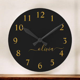 Black Gold Modern Script Girly Monogram Name Large Clock