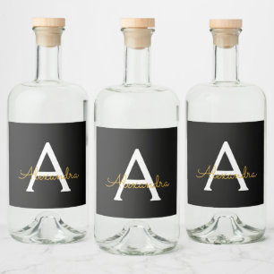 Black Gold Modern Script Girly Monogram Name Liquor Bottle Label