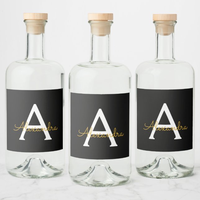 Black Gold Modern Script Girly Monogram Name Liquor Bottle Label (Bottles)