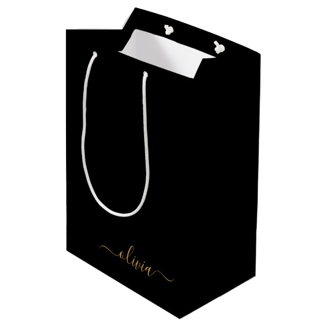 Black Gold Modern Script Girly Monogram Name Medium Gift Bag (Back Angled)