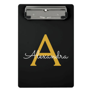 Black Gold Modern Script Girly Monogram Name Mini Clipboard