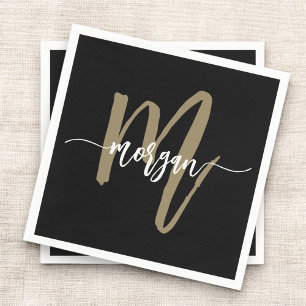 Black Gold Modern Script Girly Monogram Name Napkin