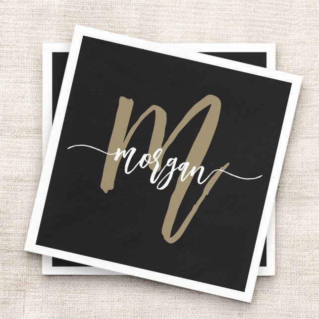 Black Gold Modern Script Girly Monogram Name Napkin (Creator Uploaded)