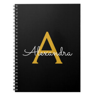 Black Gold Modern Script Girly Monogram Name Notebook