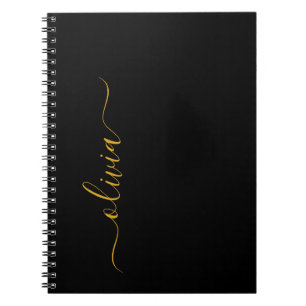 Black Gold Modern Script Girly Monogram Name Notebook