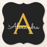 Black Gold Modern Script Girly Monogram Name Paper Coaster<br><div class="desc">Black and Gold Simple Script Monogram Name Paper Coasters. This makes the perfect graduation,  birthday,  wedding,  bridal shower,  anniversary,  baby shower or bachelorette party gift for someone that loves glam luxury and chic styles.</div>