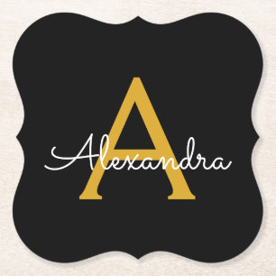 Black Gold Modern Script Girly Monogram Name Paper Coaster