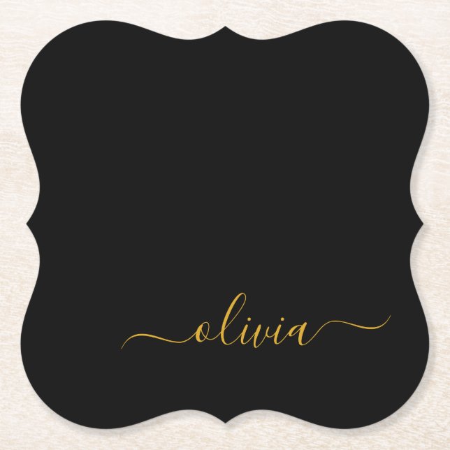 Black Gold Modern Script Girly Monogram Name Paper Coaster (Front)