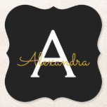 Black Gold Modern Script Girly Monogram Name Paper Coaster<br><div class="desc">Black and Gold Simple Script Monogram Name Paper Coasters. This makes the perfect graduation,  birthday,  wedding,  bridal shower,  anniversary,  baby shower or bachelorette party gift for someone that loves glam luxury and chic styles.</div>