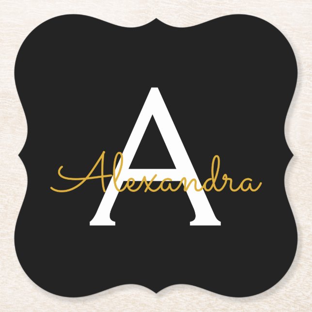 Black Gold Modern Script Girly Monogram Name Paper Coaster (Front)
