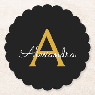 Black Gold Modern Script Girly Monogram Name Paper Coaster