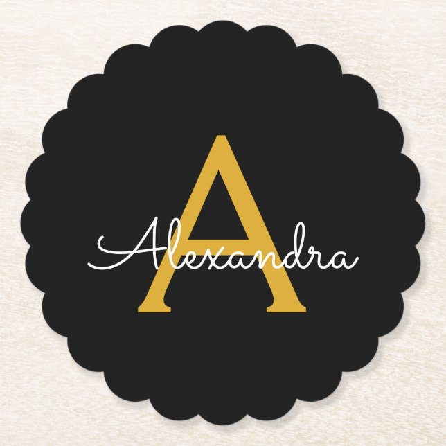 Black Gold Modern Script Girly Monogram Name Paper Coaster (Front)