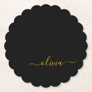 Black Gold Modern Script Girly Monogram Name Paper Coaster