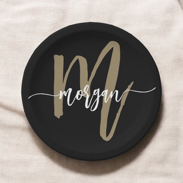 Black Gold Modern Script Girly Monogram Name Paper Plate (Creator Uploaded)