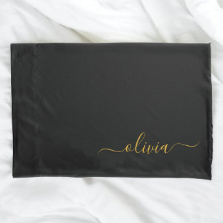 Black Gold Modern Script Girly Monogram Name Pillowcase